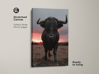 Stretched canvas of a photorealistic black bull. The gallery wrap has mirrored edges. Ready to hang wildlife sunset artwork. Perfect rustic farmhouse wall art for a countryside living room.