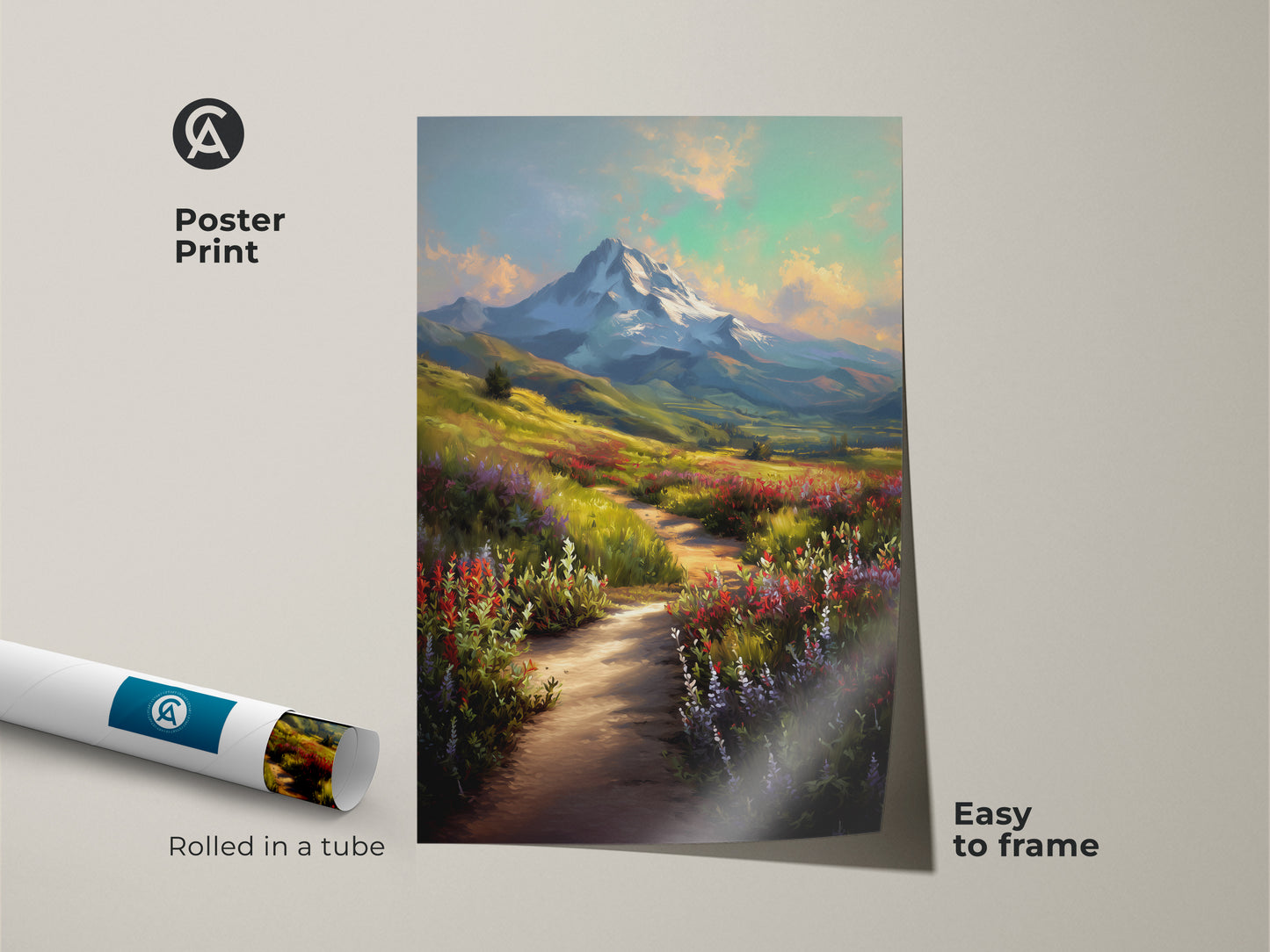 Poster print of a scenic mountain landscape. Impressionistic wildflowers line a path to a snow-capped peak. Easy to frame nature scene. This blue green yellow art is perfect as a housewarming gift.