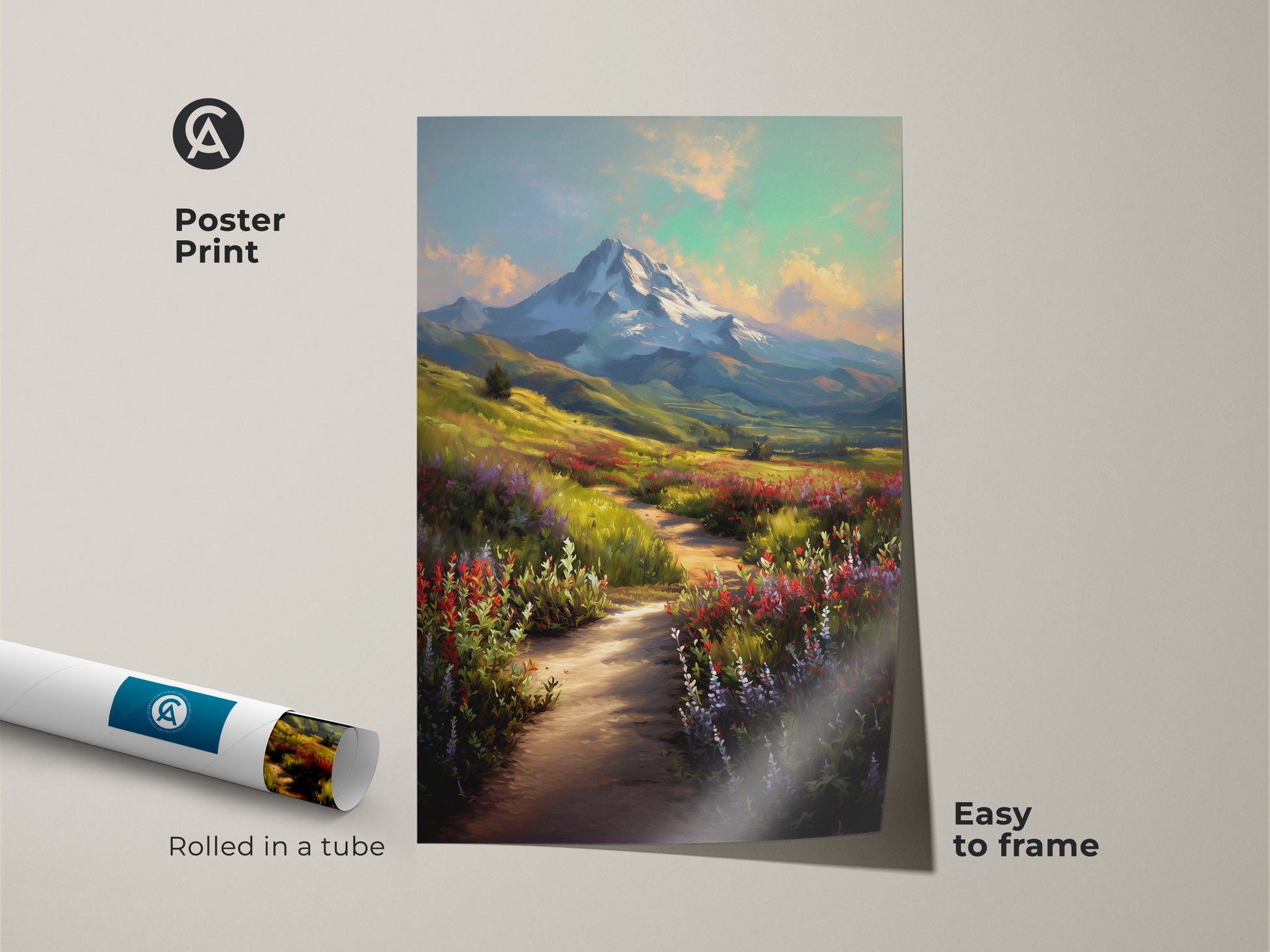 Poster print of a scenic mountain landscape. Impressionistic wildflowers line a path to a snow-capped peak. Easy to frame nature scene. This blue green yellow art is perfect as a housewarming gift.