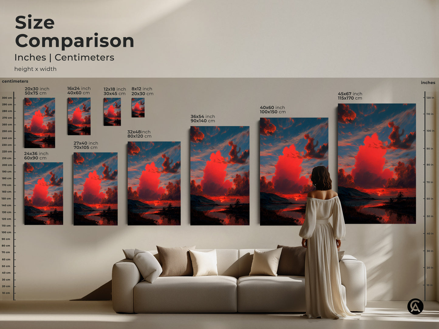 Size comparison of landscape artwork in inches and centimeters. See how the crimson sunset art looks above a couch. Available in multiple sizes. Find the perfect scale for your contemporary home decor.