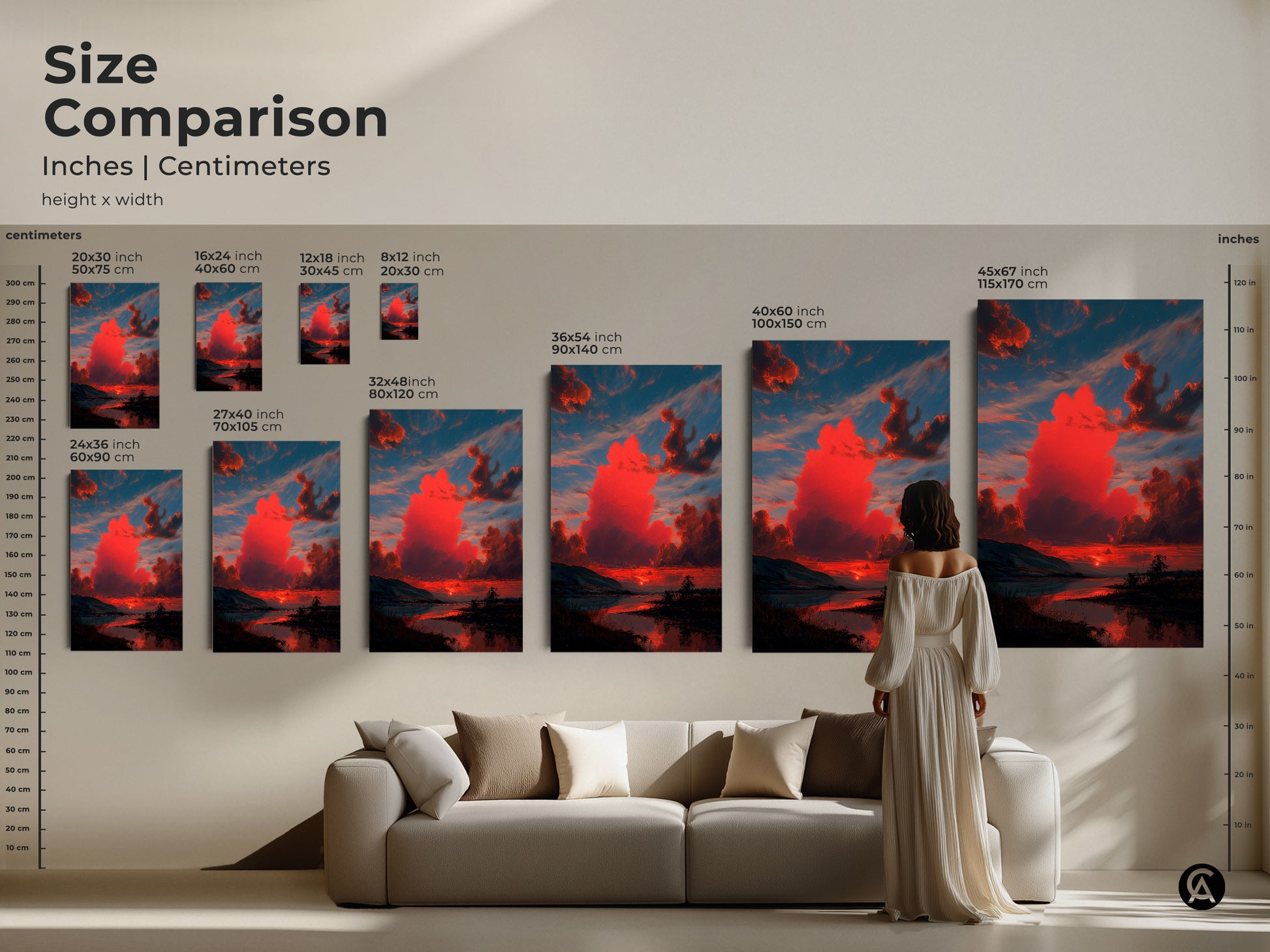 Size comparison of landscape artwork in inches and centimeters. See how the crimson sunset art looks above a couch. Available in multiple sizes. Find the perfect scale for your contemporary home decor.
