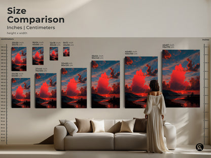 Size comparison of landscape artwork in inches and centimeters. See how the crimson sunset art looks above a couch. Available in multiple sizes. Find the perfect scale for your contemporary home decor.