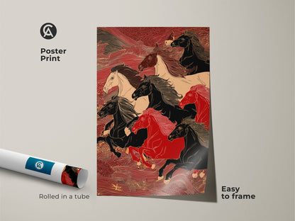 A poster print featuring an illustration of running horses. This museum-quality paper print is easy to frame. The horses are black red and white. This is perfect for home decor.