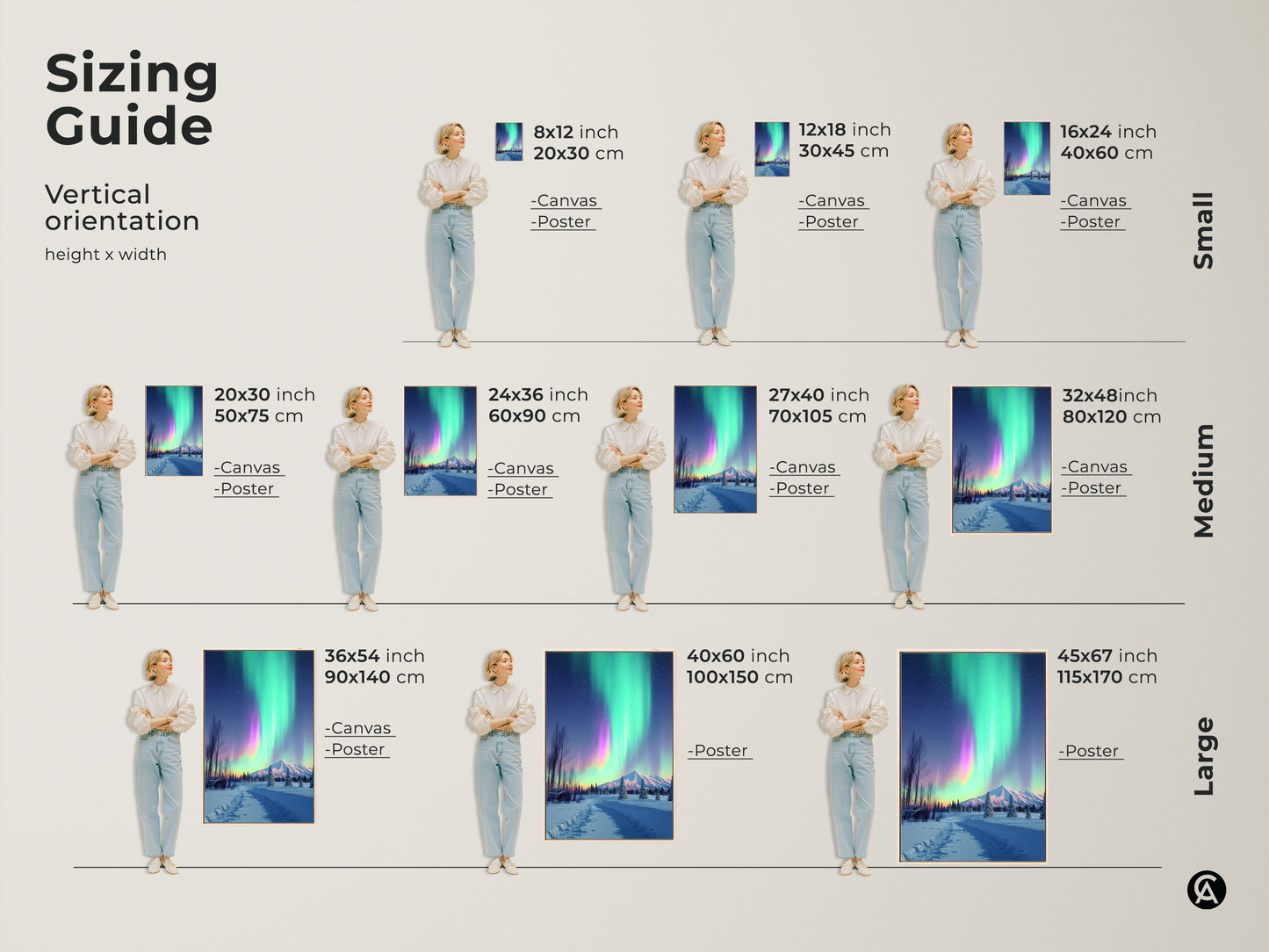 Sizing guide for vertical Aurora Borealis canvas and poster prints. Available in small medium and large sizes. Dimensions in inches and centimeters are shown. Find the perfect fit for your wall decor needs. Bring the magic of the Northern Lights home.