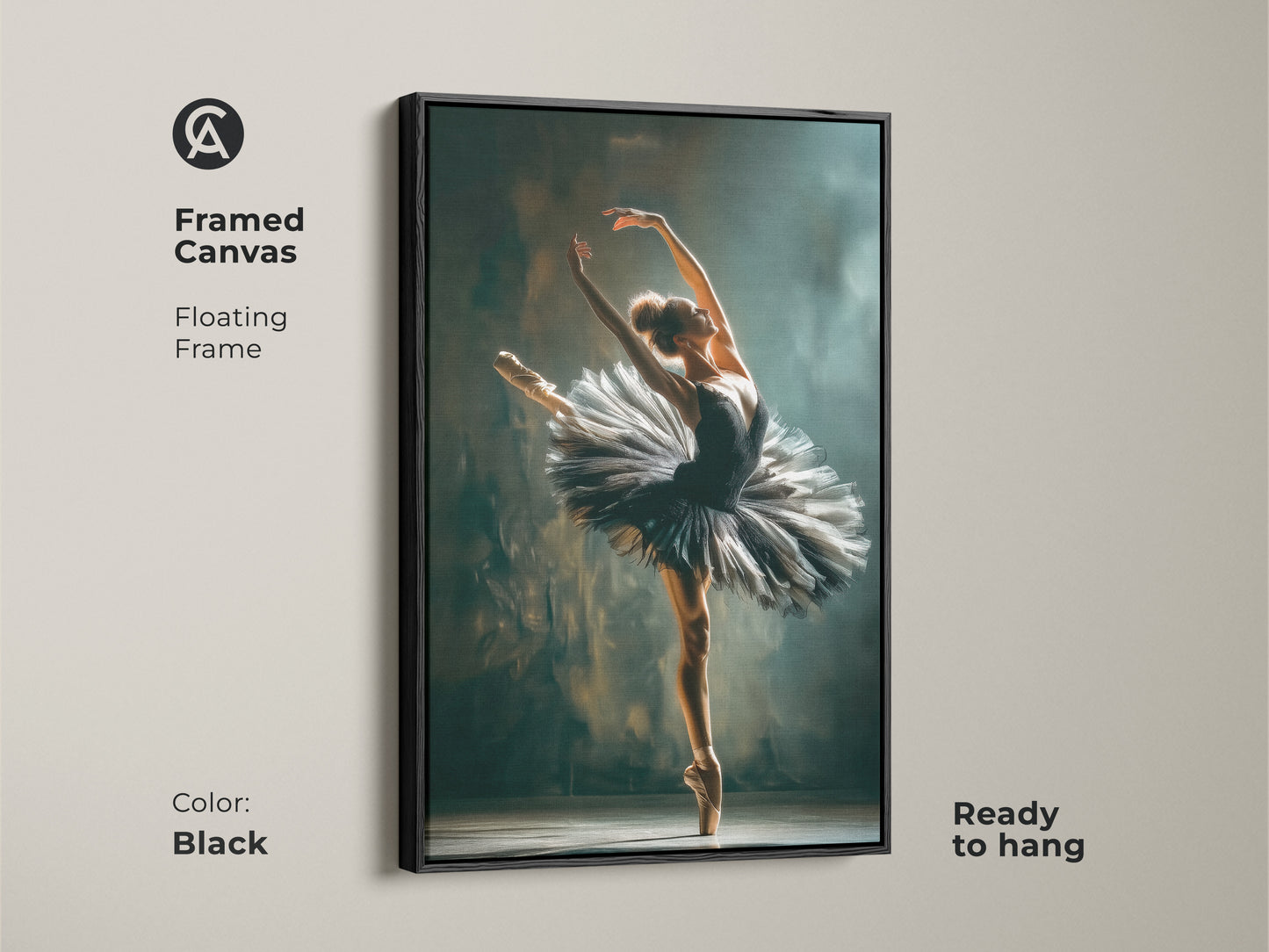 Black framed canvas of a ballerina. The ballerina is wearing a black tutu. This floating frame canvas art is ready to hang. The perfect touch of elegance for your home or studio. A stylish piece for art collectors.