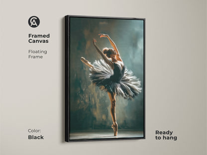 Black framed canvas of a ballerina. The ballerina is wearing a black tutu. This floating frame canvas art is ready to hang. The perfect touch of elegance for your home or studio. A stylish piece for art collectors.