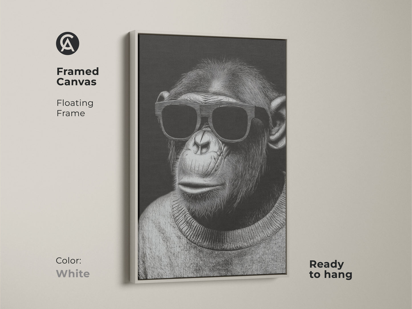 Framed canvas featuring a chimpanzee with sunglasses. The floating frame is white and ready to hang. This minimalist art is a monochrome animal portrait. It is a unique statement for animal lovers. The cool chimpanzee poster complements contemporary decor.