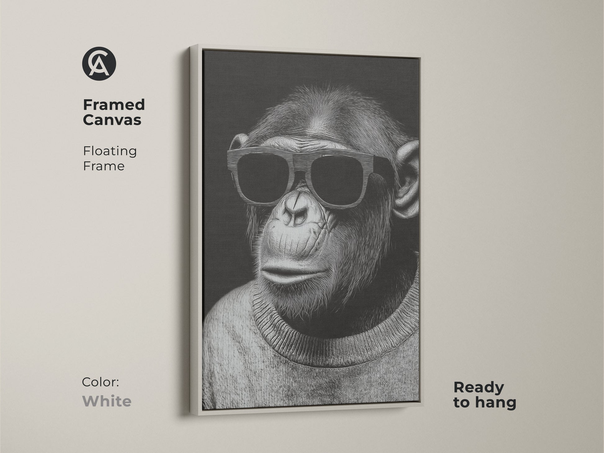 Framed canvas featuring a chimpanzee with sunglasses. The floating frame is white and ready to hang. This minimalist art is a monochrome animal portrait. It is a unique statement for animal lovers. The cool chimpanzee poster complements contemporary decor.