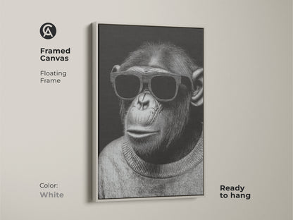 Framed canvas featuring a chimpanzee with sunglasses. The floating frame is white and ready to hang. This minimalist art is a monochrome animal portrait. It is a unique statement for animal lovers. The cool chimpanzee poster complements contemporary decor.