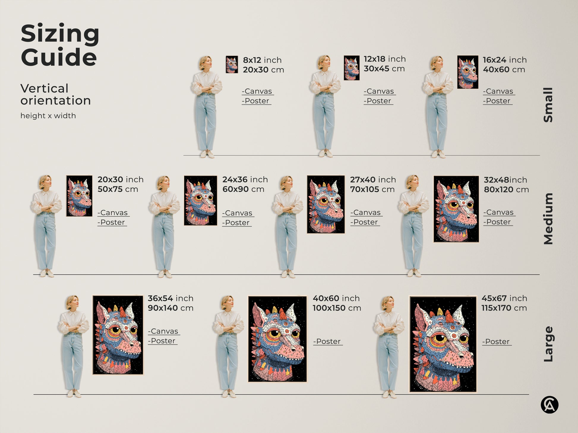 Sizing guide for fantasy dragon wall art prints. See how the pop surrealism creature print looks in various sizes. Perfect eclectic teal pink blue art for your bedroom.
