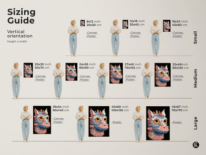 Sizing guide for fantasy dragon wall art prints. See how the pop surrealism creature print looks in various sizes. Perfect eclectic teal pink blue art for your bedroom.