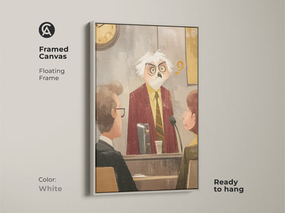 Framed canvas art with a white floating frame featuring an owl judge. It is a humorous piece for lawyers. The courtroom scene artwork offers a whimsical touch to office decor. Ready to hang the eclectic animal art is a conversation starter.