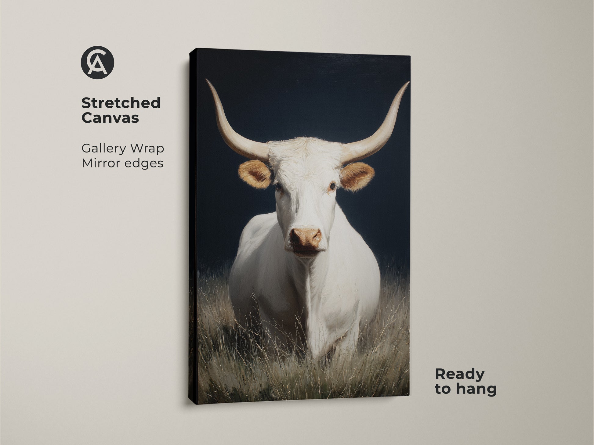 Close-up of white longhorn cow art on stretched canvas. Gallery wrapped with mirrored edges. This farmhouse rustic wall art is ready to hang. Perfect western animal canvas art for living room or bedroom. The livestock herd decor adds charm. This realistic cow portrait has a dark background.