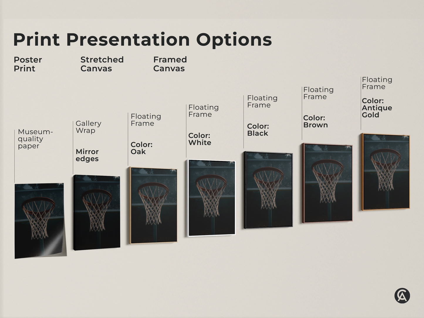 Explore print presentation options for basketball hoop art. Choose from poster prints stretched canvases and framed canvases. Each offers museum-quality paper gallery wraps and floating frames. Find the perfect style for your sports wall decor.