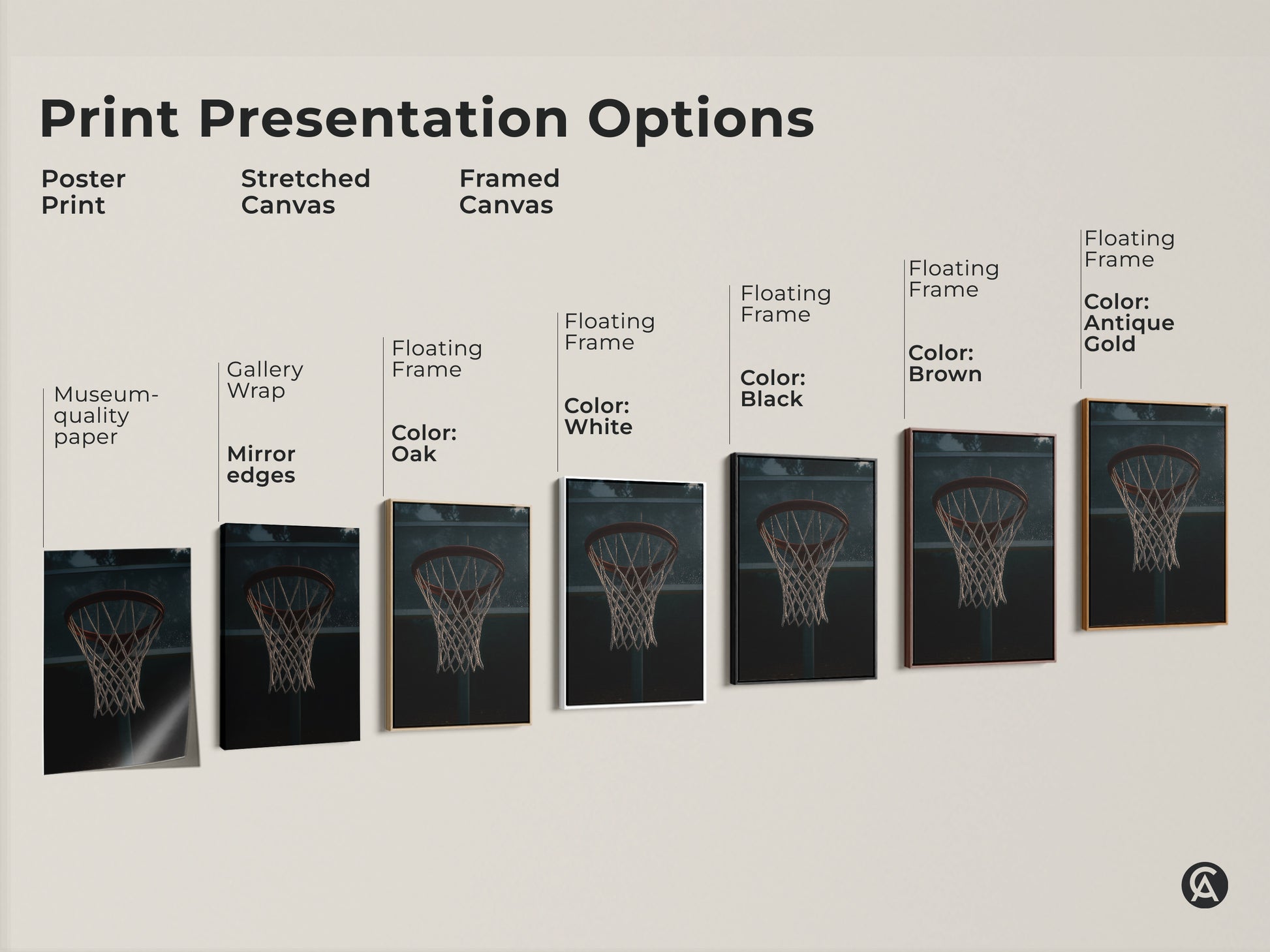 Explore print presentation options for basketball hoop art. Choose from poster prints stretched canvases and framed canvases. Each offers museum-quality paper gallery wraps and floating frames. Find the perfect style for your sports wall decor.