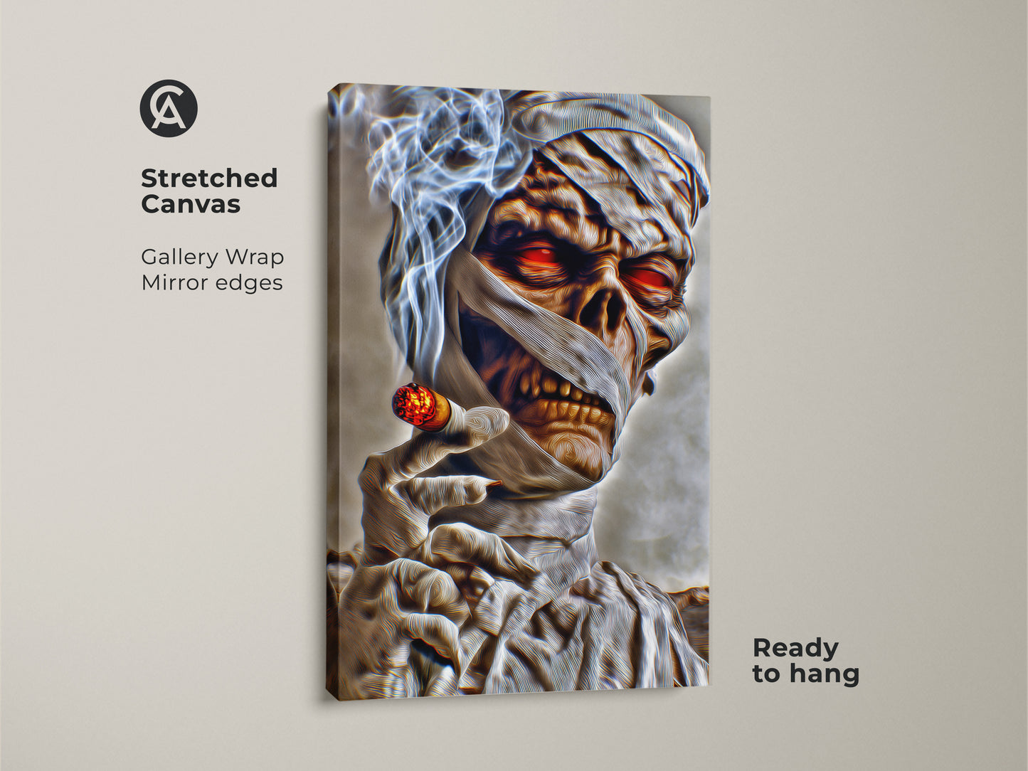 A stretched canvas print of a dark fantasy mummy. This gothic horror wall art features a mummy smoking a cigar. The canvas has mirror edges and is ready to hang. It's a unique horror decor piece with red glowing eyes.