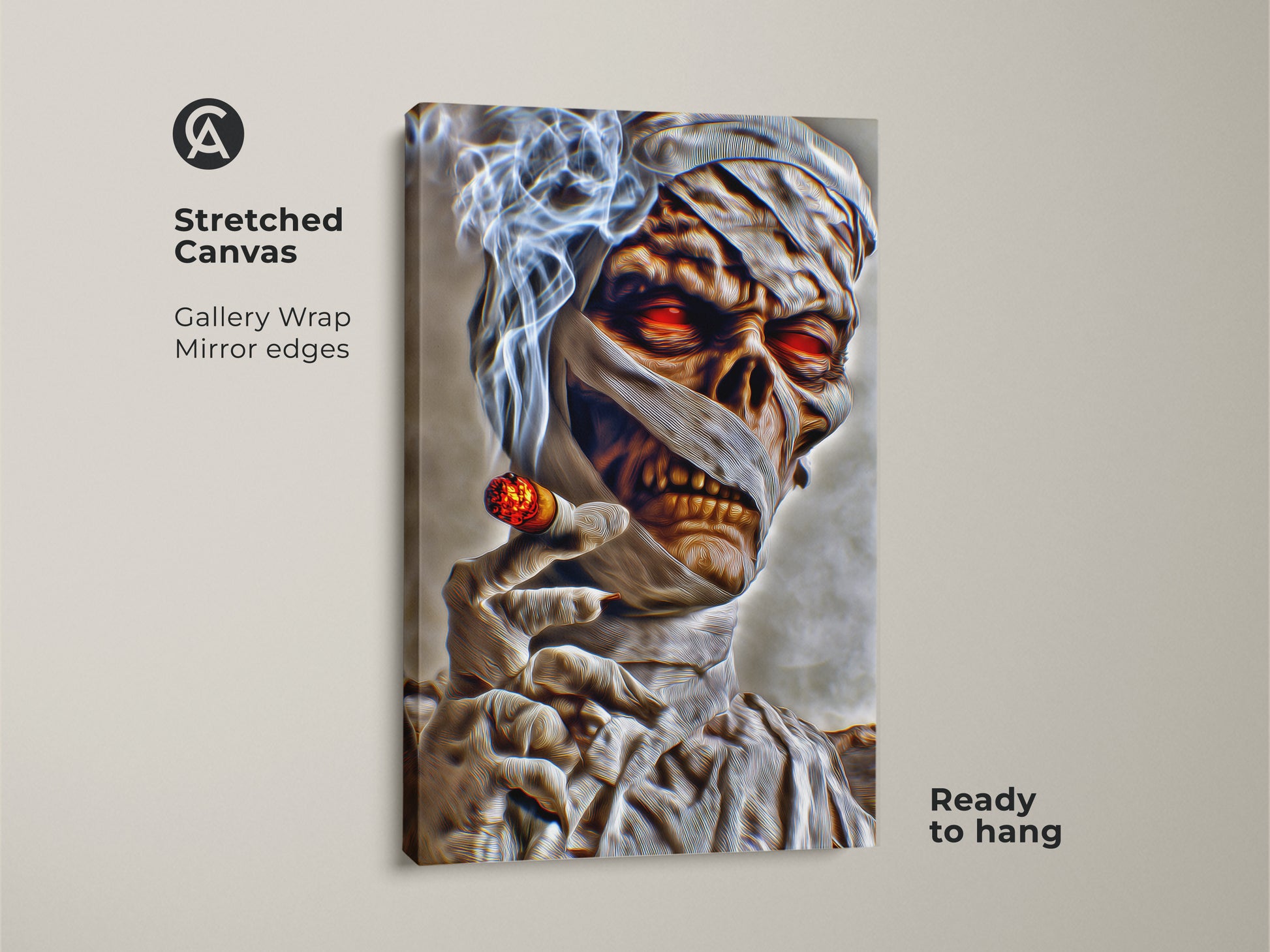 A stretched canvas print of a dark fantasy mummy. This gothic horror wall art features a mummy smoking a cigar. The canvas has mirror edges and is ready to hang. It's a unique horror decor piece with red glowing eyes.