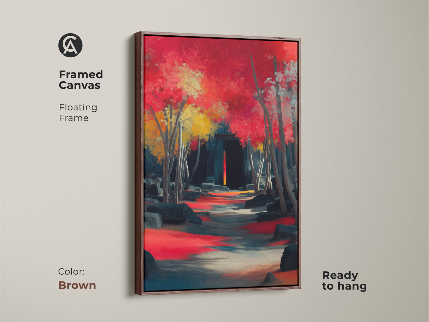 Framed canvas with a brown floating frame showcases an impressionistic landscape. Crimson trees line a pathway to ancient ruins. This ready to hang travel enthusiast art adds eclectic charm. It is a perfect housewarming gift.