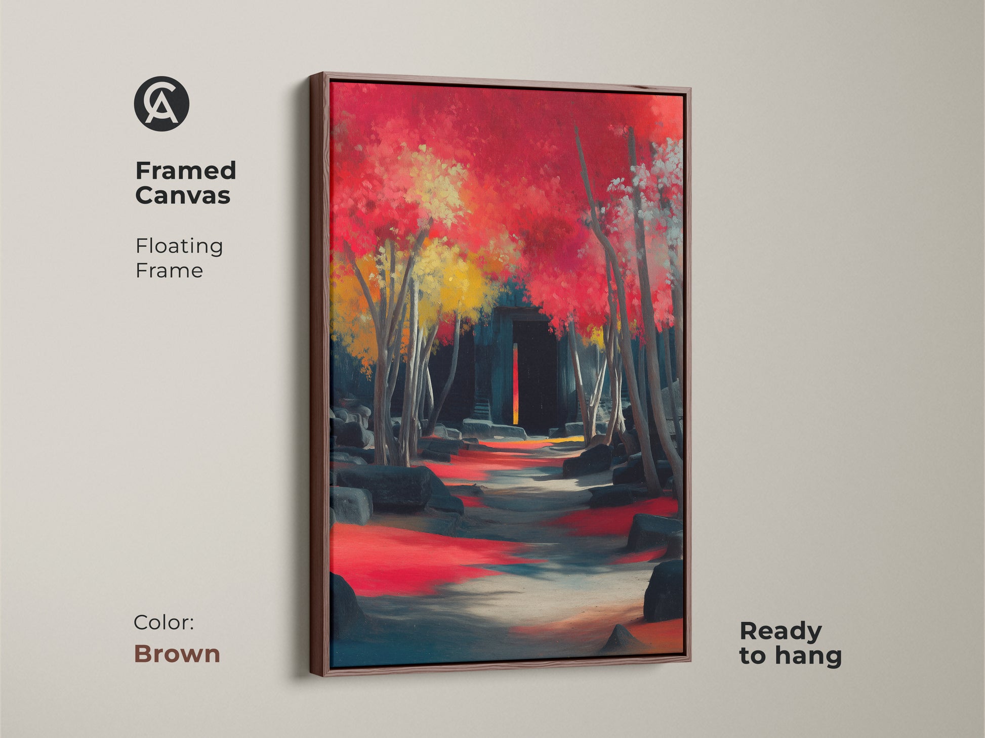 Framed canvas with a brown floating frame showcases an impressionistic landscape. Crimson trees line a pathway to ancient ruins. This ready to hang travel enthusiast art adds eclectic charm. It is a perfect housewarming gift.