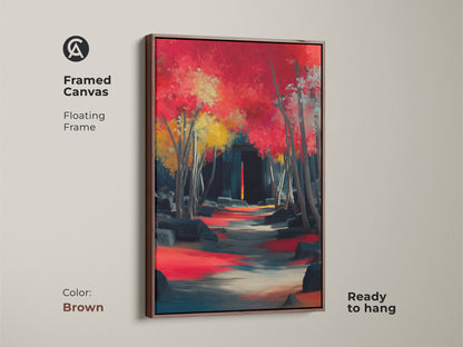 Framed canvas with a brown floating frame showcases an impressionistic landscape. Crimson trees line a pathway to ancient ruins. This ready to hang travel enthusiast art adds eclectic charm. It is a perfect housewarming gift.