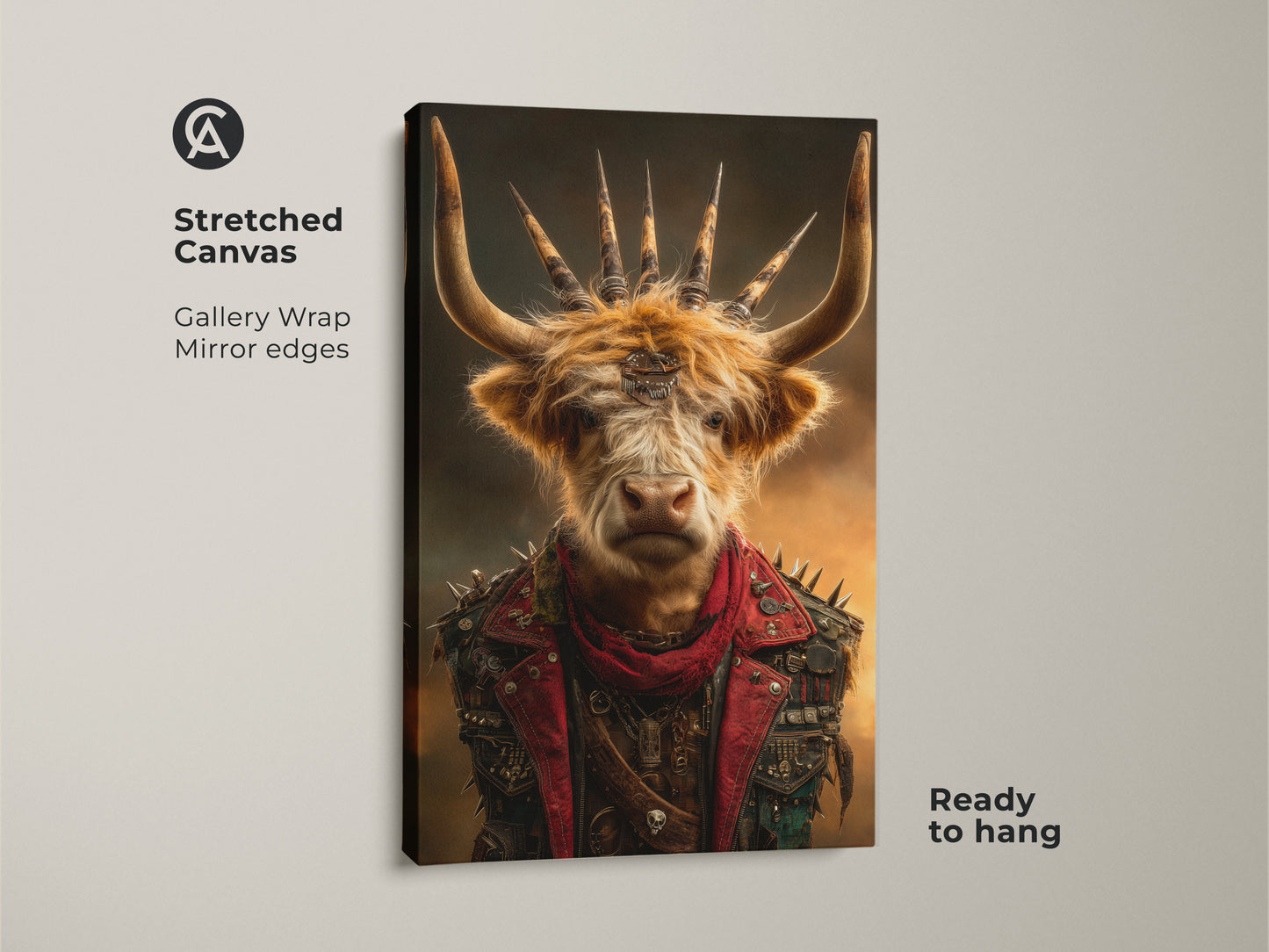Stretched Canvas Steampunk Highland Cow wall art. Gallery wrapped with mirror edges it's ready to hang. This gothic punk animal print features an eclectic mix of red brown tones. This canvas adds a bold statement to creative studios or industrial loft decor.