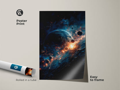 Poster print displays an awe-inspiring space artwork. The image captures a blue planet with orbiting moons. A burst of light adds drama to the cosmic scene. This museum-quality paper poster is rolled in a tube. Easy to frame and display.