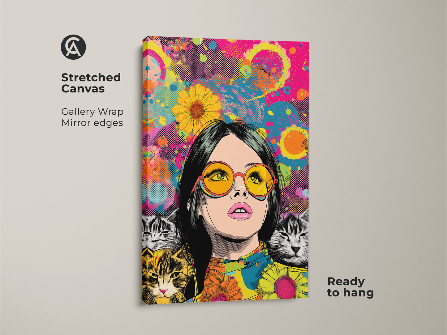 Stretched canvas of a pop art woman portrait with cats. This retro cat lover gift is an eclectic wall art print. The hot pink yellow teal art makes it a bold statement. Ready to hang this canvas enhances bedroom decor for her. The animal portrait is a unique wall hanging art piece. It's a vibrant home decor.