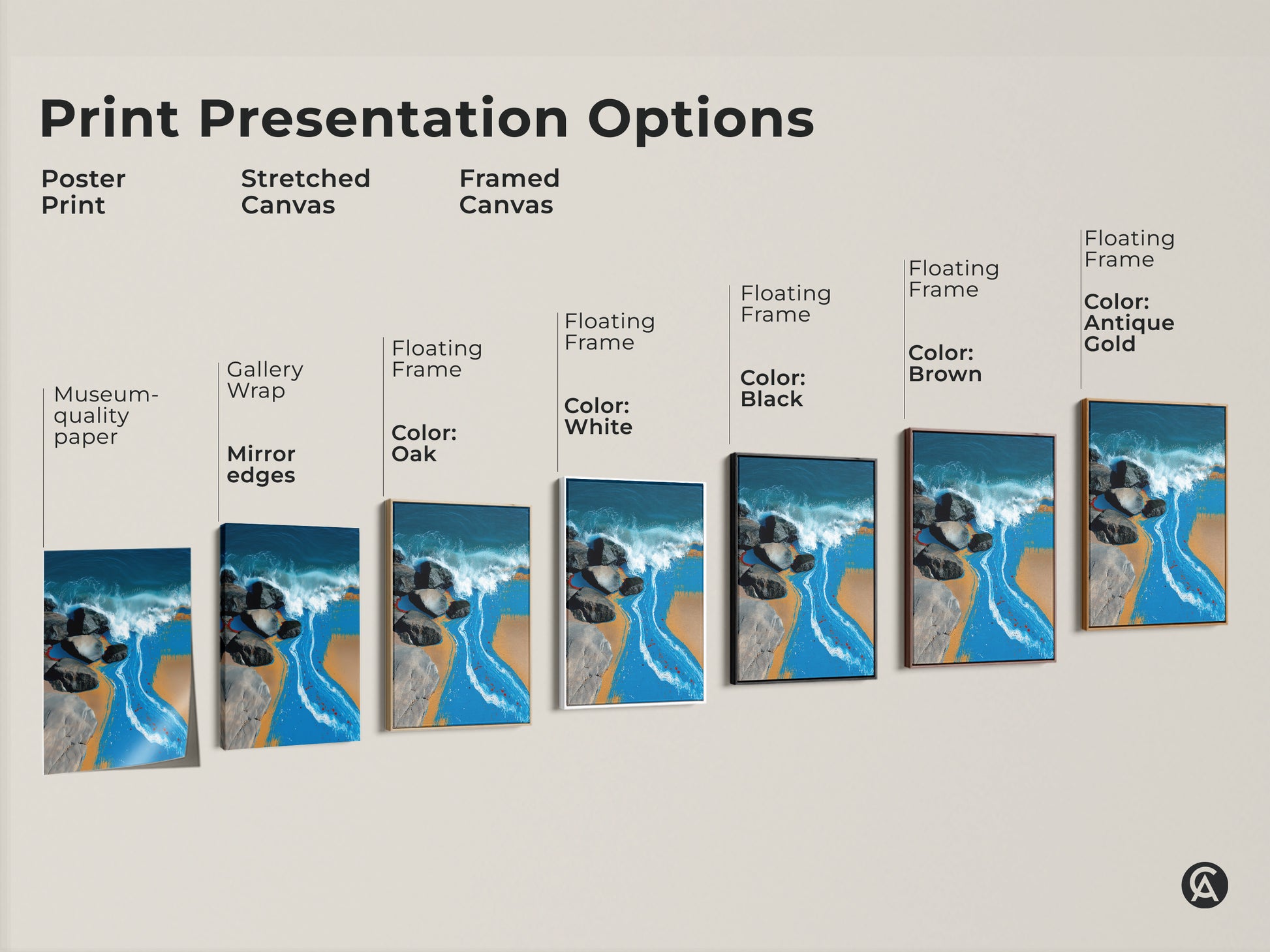 Print presentation options of abstract ocean wave art. The options include framed canvas stretched canvas and poster print. Choose from black brown white and antique gold floating frames.