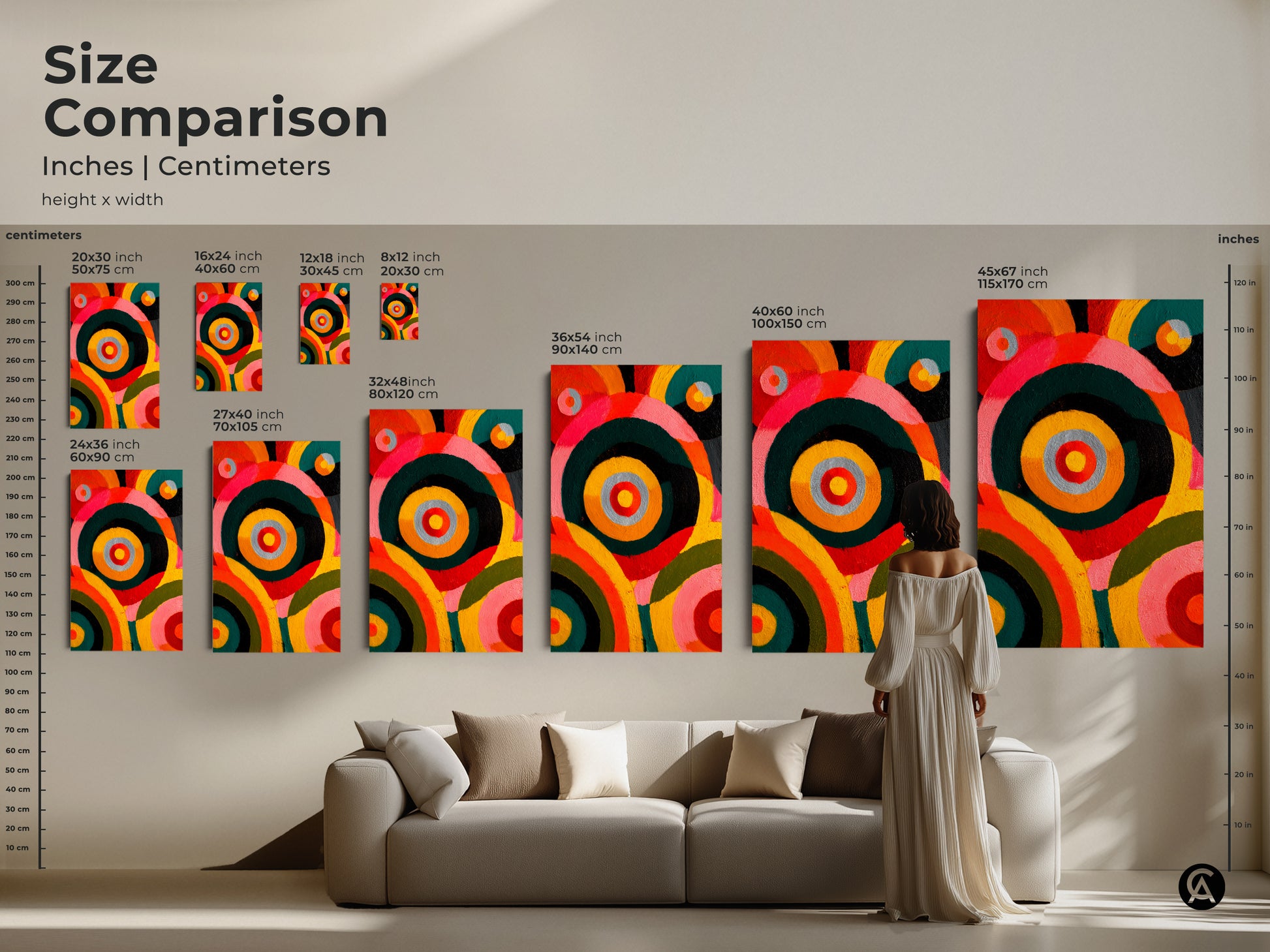 A size comparison of inches centimeters for abstract circles artwork is shown. Various sizes are displayed above a sofa for scale. Choose the perfect modern eclectic artwork from a variety of sizes for your home. This artwork creates a color burst.