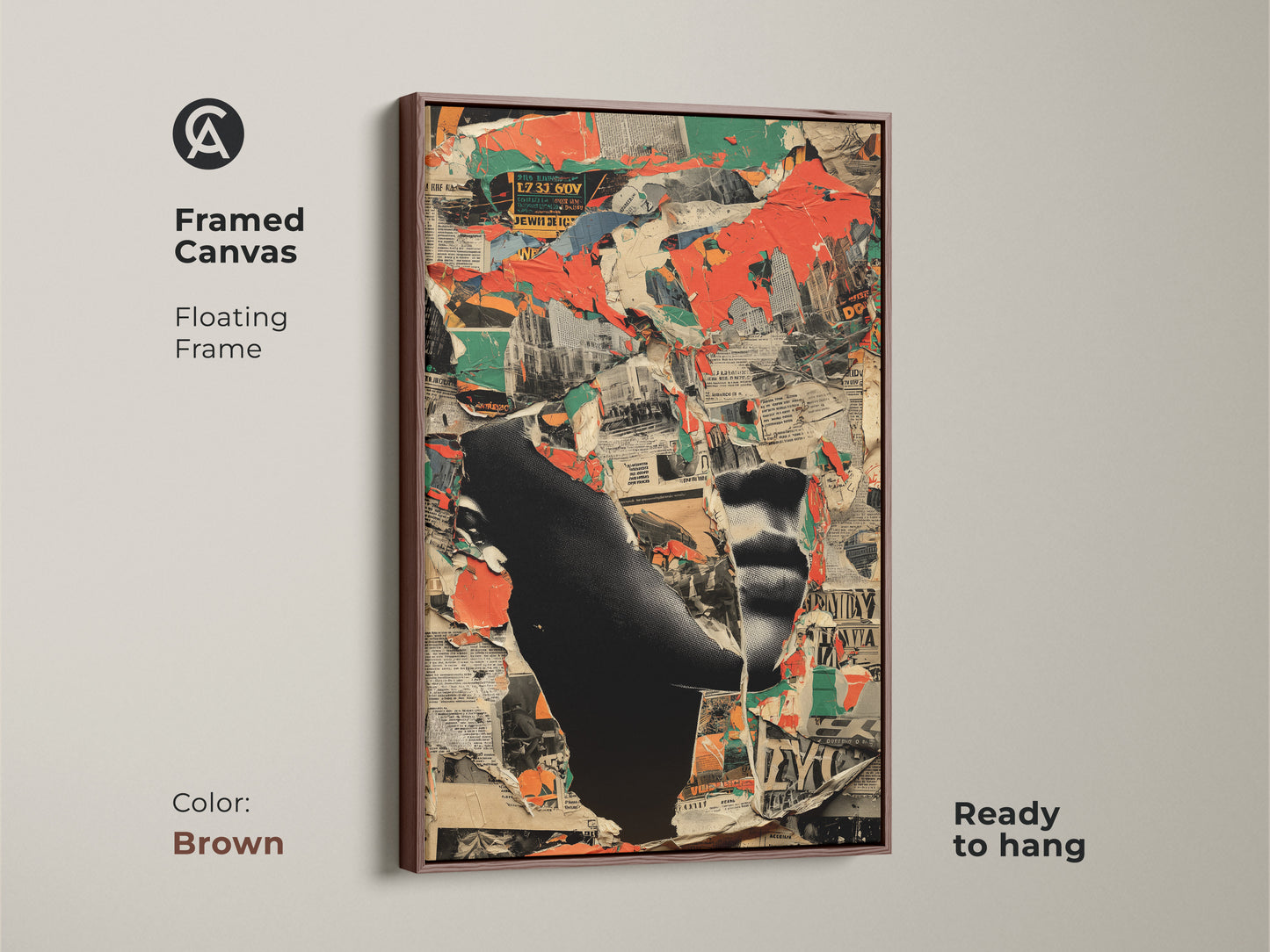A Framed Canvas Print of Abstract Collage Art. The floating frame is brown. It is a deconstructivist cityscape artwork ready to hang. It features red black and green tones. A modern art piece.