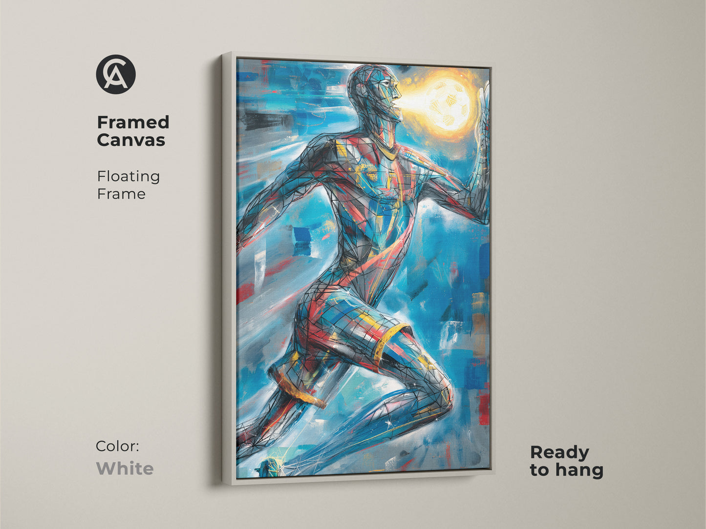 White framed canvas. This abstract runner art makes a statement. This modern office decor is ready to hang. Consider this unique wall decor. This abstract athlete decor is a great addition.