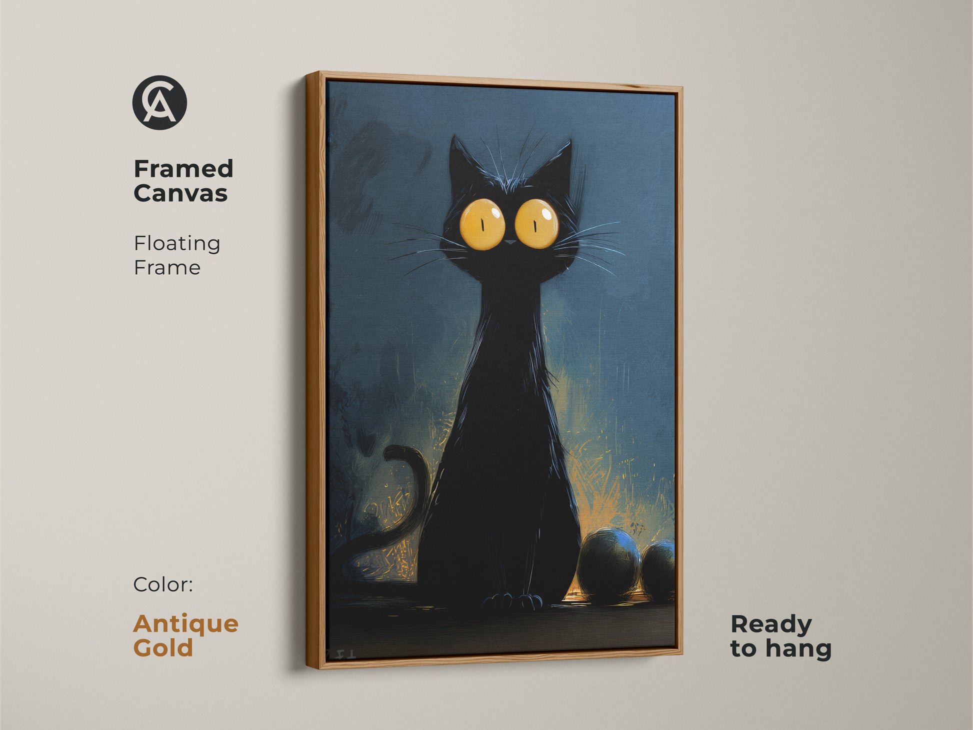 Black cat art framed in antique gold. It's a unique cat poster for gothic bedroom art. The dark blue canvas print adds charm to any space. A perfect gift for cat people and spooky season decor.