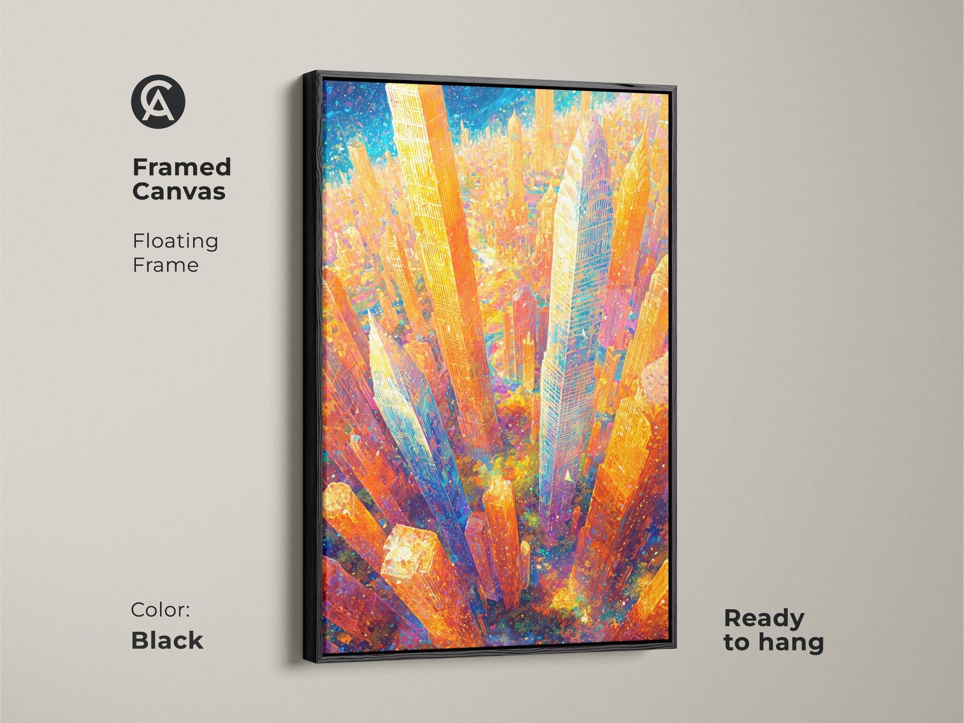 A framed canvas of a vibrant cityscape artwork is displayed. The black floating frame accentuates the art. Ready to hang this piece brings a touch of modern urban art to your decor.