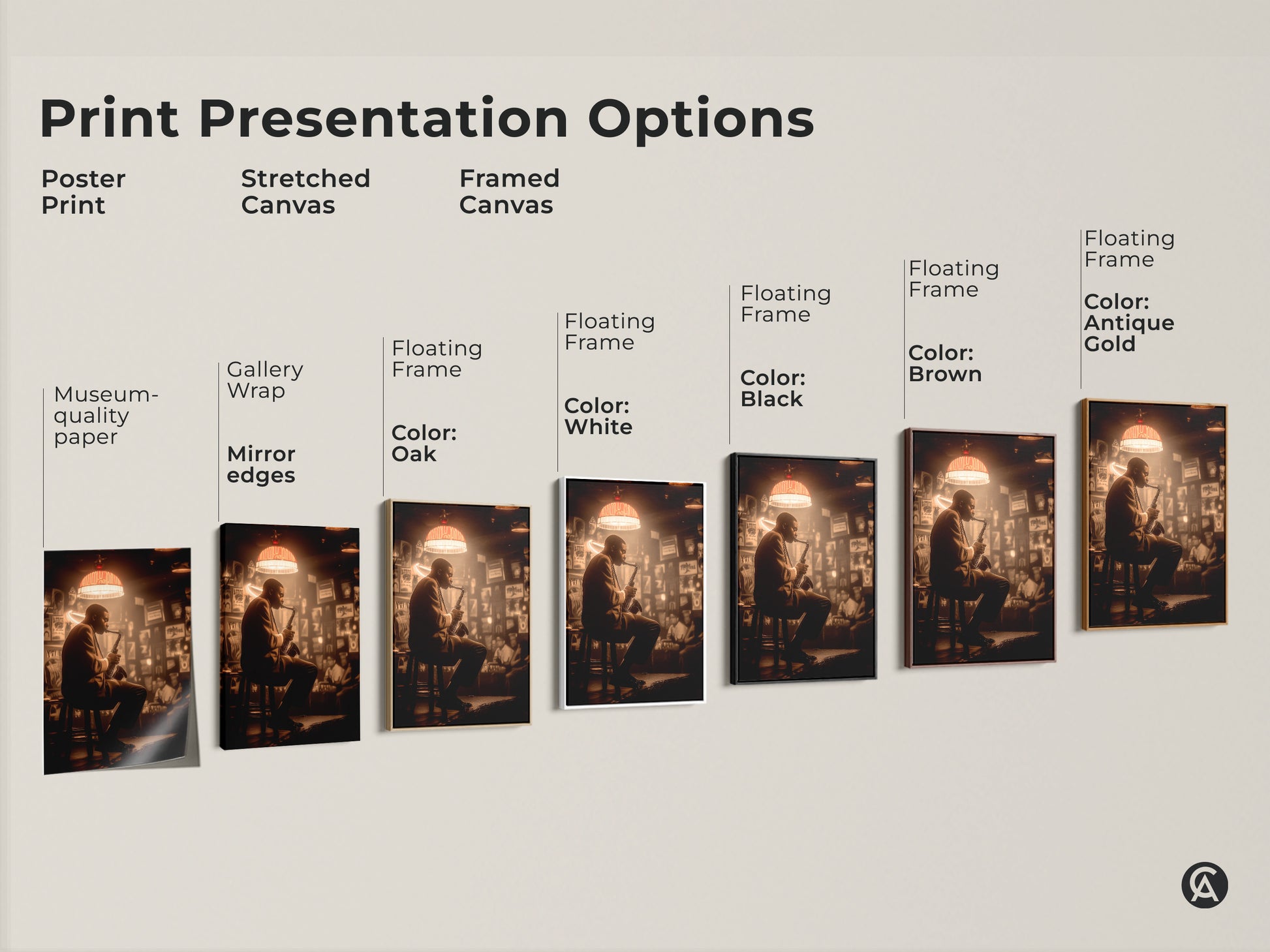 Explore print presentation options for jazz musician art. Choose from poster prints stretched canvases and framed canvases. Select a style that matches your taste. Find the perfect artwork to bring the soulful sounds of jazz into your home decor.