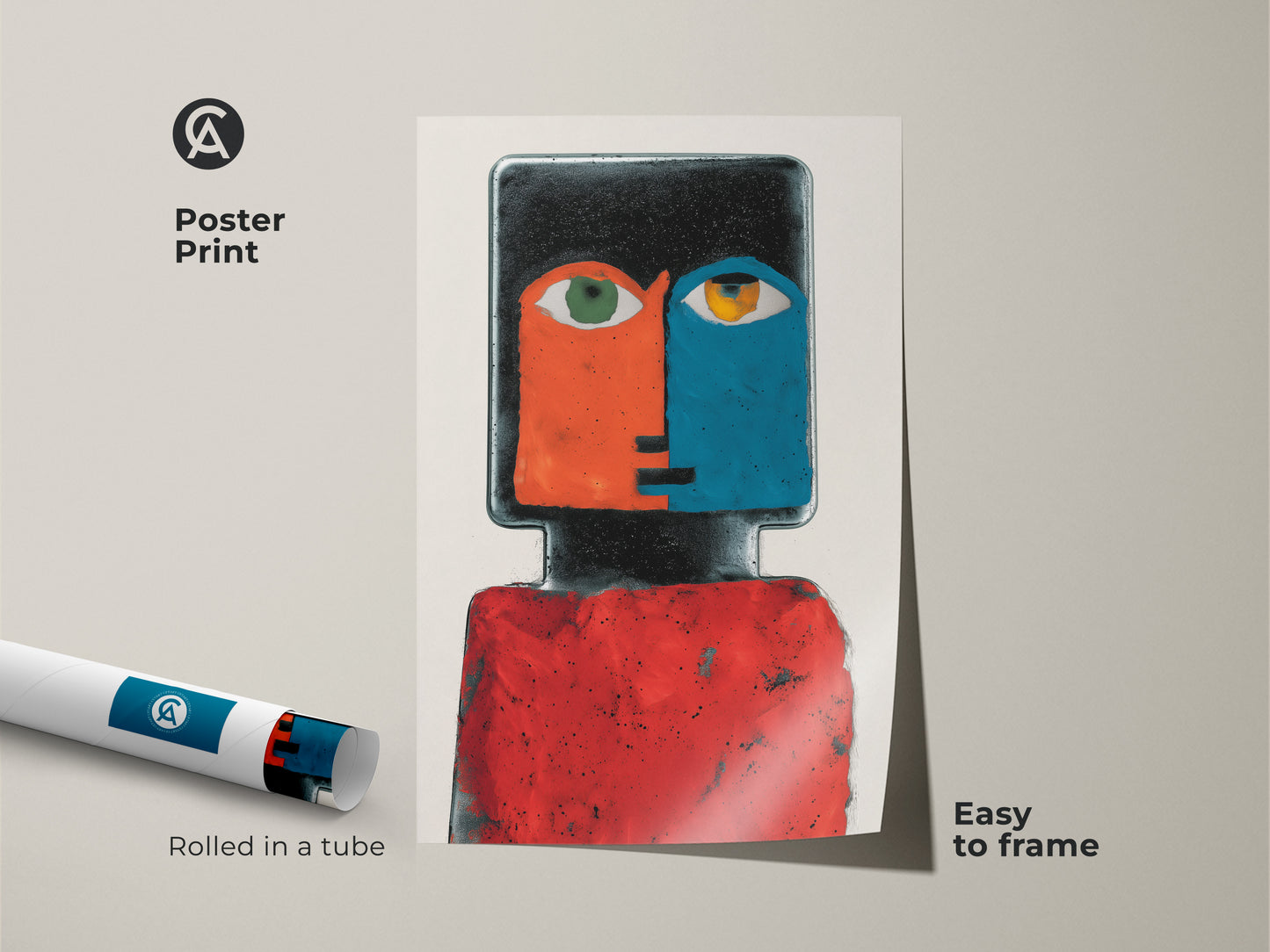 Poster Print of a Contemporary Abstract Face Portrait artwork. The red and blue figurative art adds eclectic charm to artistic home decor. Easy to frame. Rolled in a tube for protection.