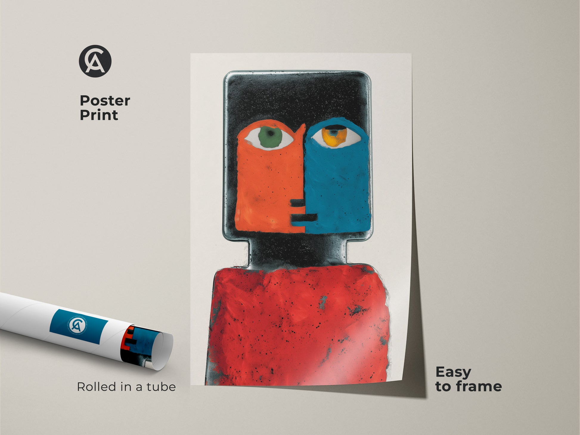 Poster Print of a Contemporary Abstract Face Portrait artwork. The red and blue figurative art adds eclectic charm to artistic home decor. Easy to frame. Rolled in a tube for protection.