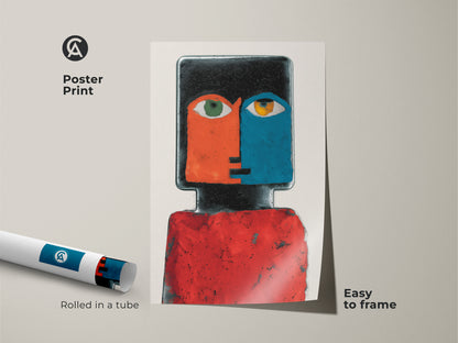 Poster Print of a Contemporary Abstract Face Portrait artwork. The red and blue figurative art adds eclectic charm to artistic home decor. Easy to frame. Rolled in a tube for protection.