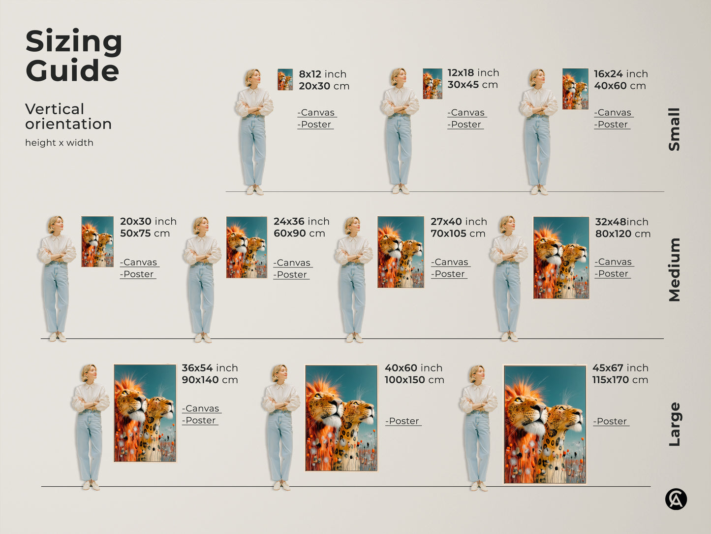 Sizing guide showcasing the lion and leopard canvas and poster prints. Available in small medium and large sizes. See how this gold and teal animal wall art fits in various spaces. Find the perfect fit.