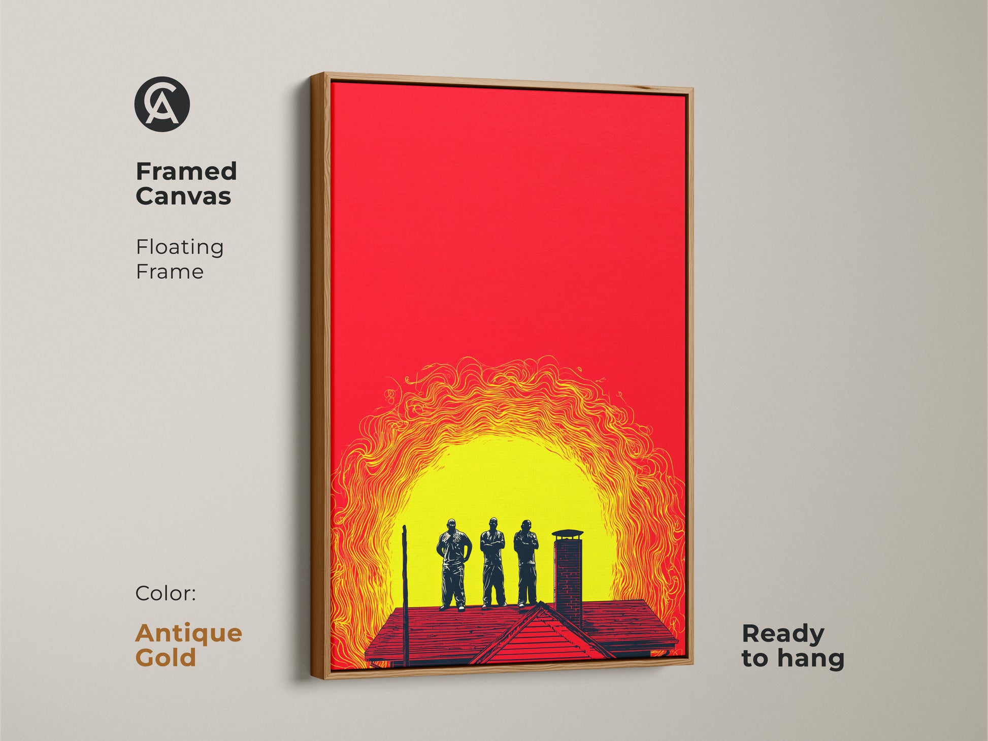 Framed canvas art in antique gold featuring crimson yellow abstract men on a rooftop. This contemporary graphic artwork is ready to hang. It adds a touch of modern elegance to any office or home. A unique wall hanging that makes a great birthday gift for friends.