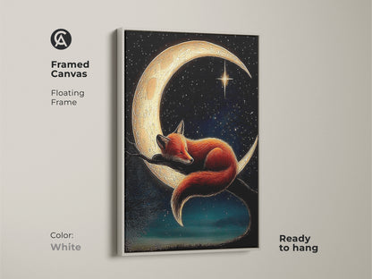 Framed canvas print of fox and moon art. The white floating frame enhances the golden yellow and blue hues. Ideal for a whimsical baby room. This animal art print is ready to hang and enjoy.