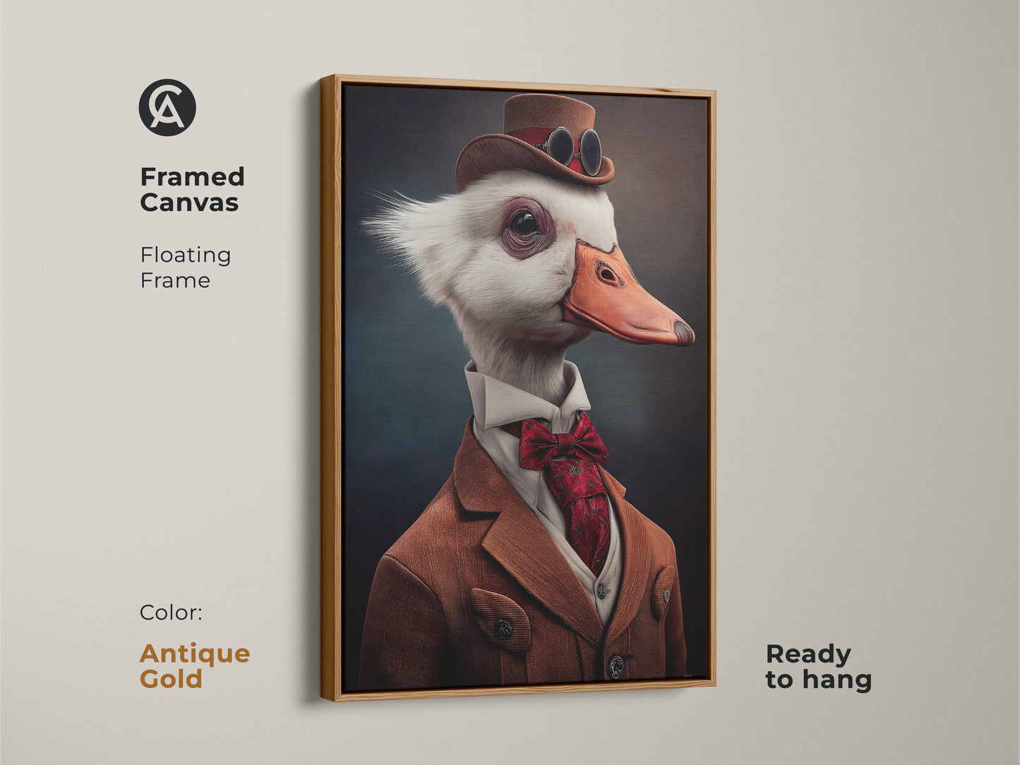 Framed canvas displaying steampunk goose wall art. The floating frame is antique gold in color. This Victorian goose portrait is ready to hang. It's a gentleman goose print.