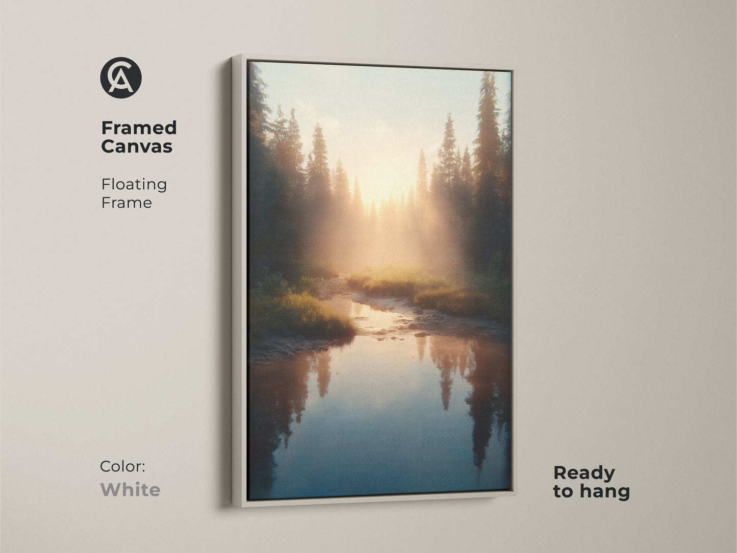 Framed in white this canvas print displays golden light over a river in a pine forest. Ready to hang the floating frame enhances the Scandinavian artwork. A calming forest stream wall art.