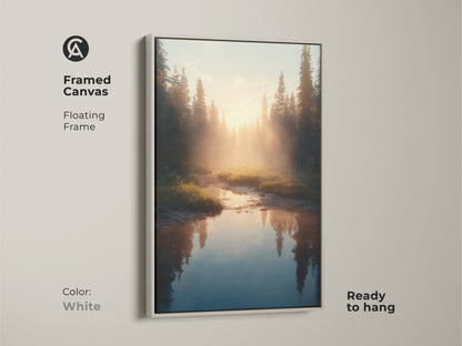 Framed in white this canvas print displays golden light over a river in a pine forest. Ready to hang the floating frame enhances the Scandinavian artwork. A calming forest stream wall art.