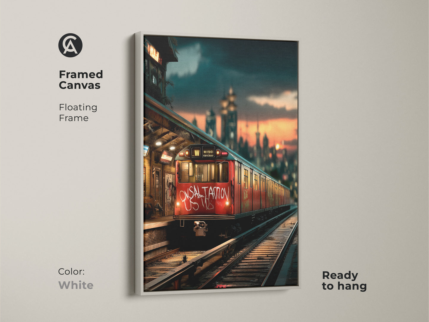 Framed canvas featuring vibrant cityscape graffiti art. The white floating frame complements the urban subway train scene. This piece of industrial transportation wall decor is ready to hang. Ideal as a housewarming or New Year's gift.