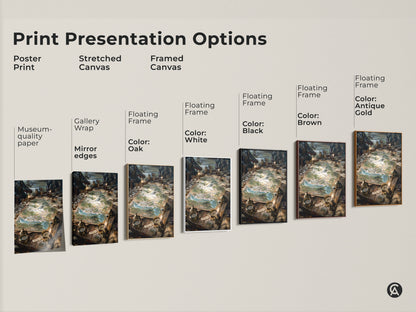 Explore print presentation options with this artwork. Choose from poster prints stretched canvas and framed canvas styles. Each option brings a unique aesthetic to this fantasy strategy meeting art print. Find the perfect style for your space.