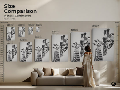Size comparison of the monochrome giraffe wall art. See how the realistic pencil sketch fits in different spaces. Perfect as savanna animal print or animal family portrait. This unique animal art is a great gift.