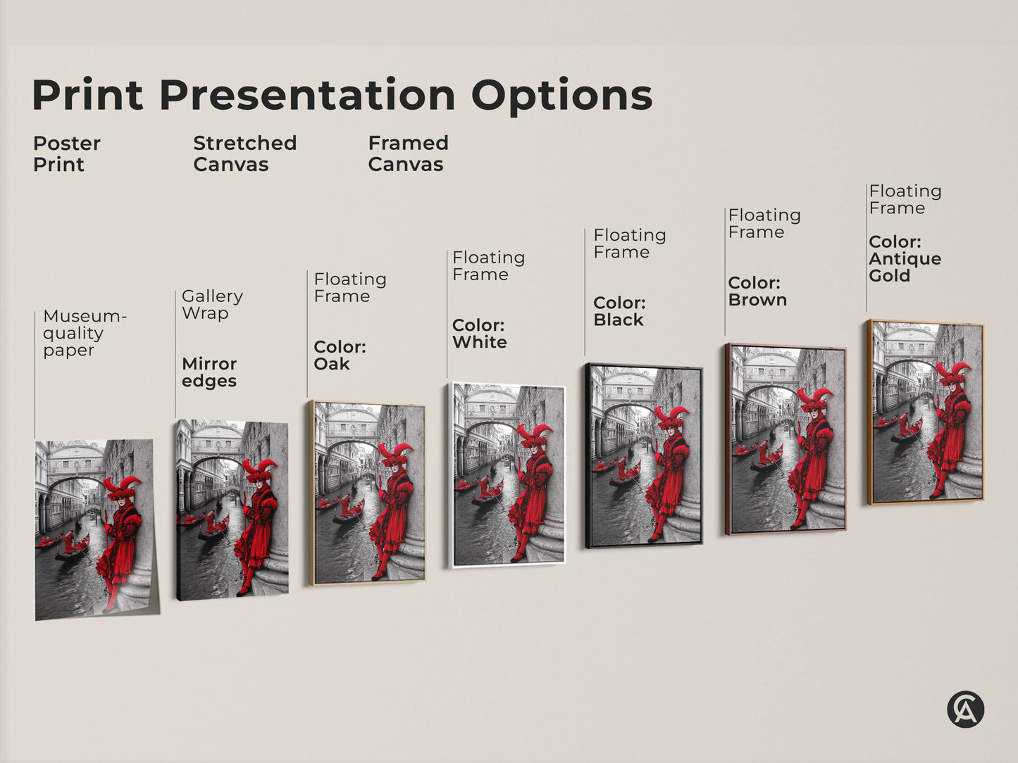 Explore Venice Carnival art print presentation options. Choose from poster print stretched canvas framed canvas & floating frame. Select colors like white black brown antique gold & oak. See the crimson red masked figure & gondola artwork in various styles for eclectic home decor.