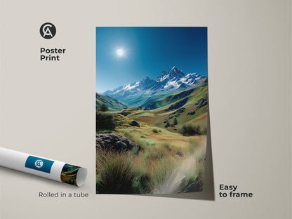 Poster print showcasing a picturesque mountain valley. This easy-to-frame artwork captures the sunlit peaks and grassy meadows. Rolled in a protective tube this poster print is ideal for nature enthusiasts and landscape art collectors.