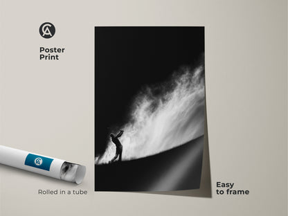 Poster print showcasing a golfer silhouetted against a cloudy sky. This black and white artwork is easy to frame. It arrives rolled in a tube. This is a striking golf art piece for any room or office decor.