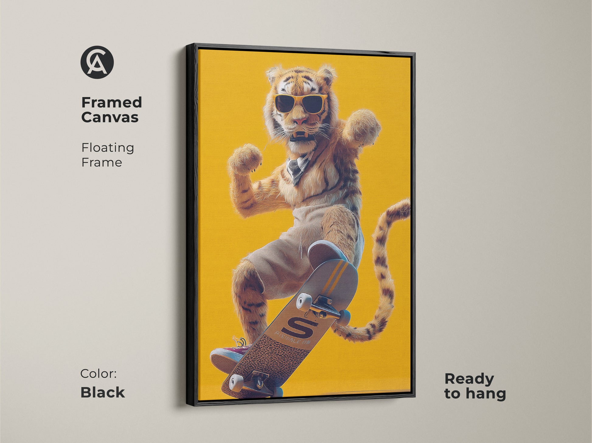 Black framed canvas featuring a tiger on a skateboard. This retro street art adds character to a teen room or man cave. A perfect skateboarder gift print for eclectic wall art ready to hang.
